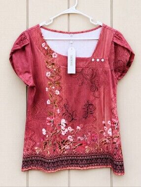 NEW Saukole Floral Top M Pink Boho Stretch Puff Sleeve Asymmetrical Neckline
